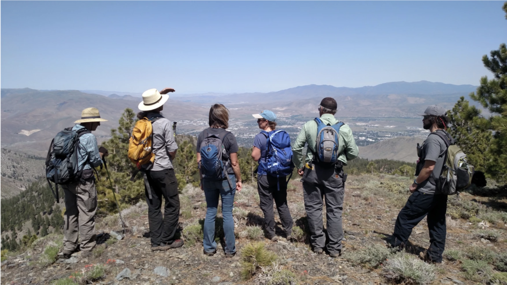 A group of hikers look over Carson City on the Capital to Tahoe Trail during its grand opening on July 8, 2023.